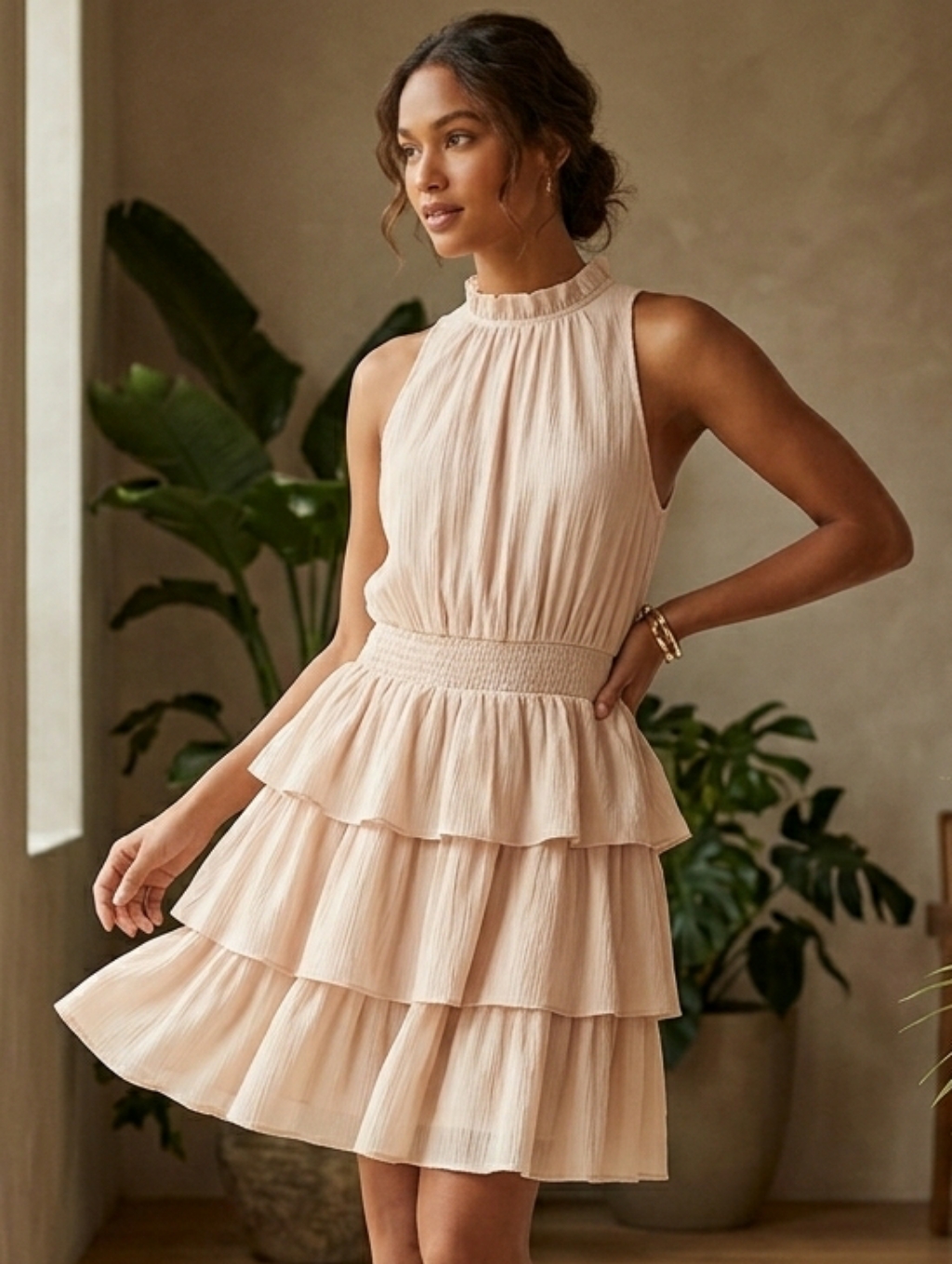 Pinch Tier Ruffle Halter Mini Dress